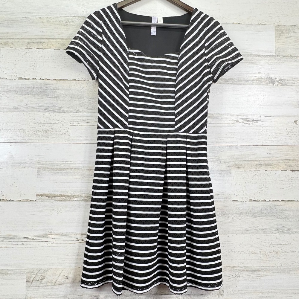 Alya Black White Striped Fit &‎ Flare Dress Eyelet Pleated Skirt Short Sleeve M